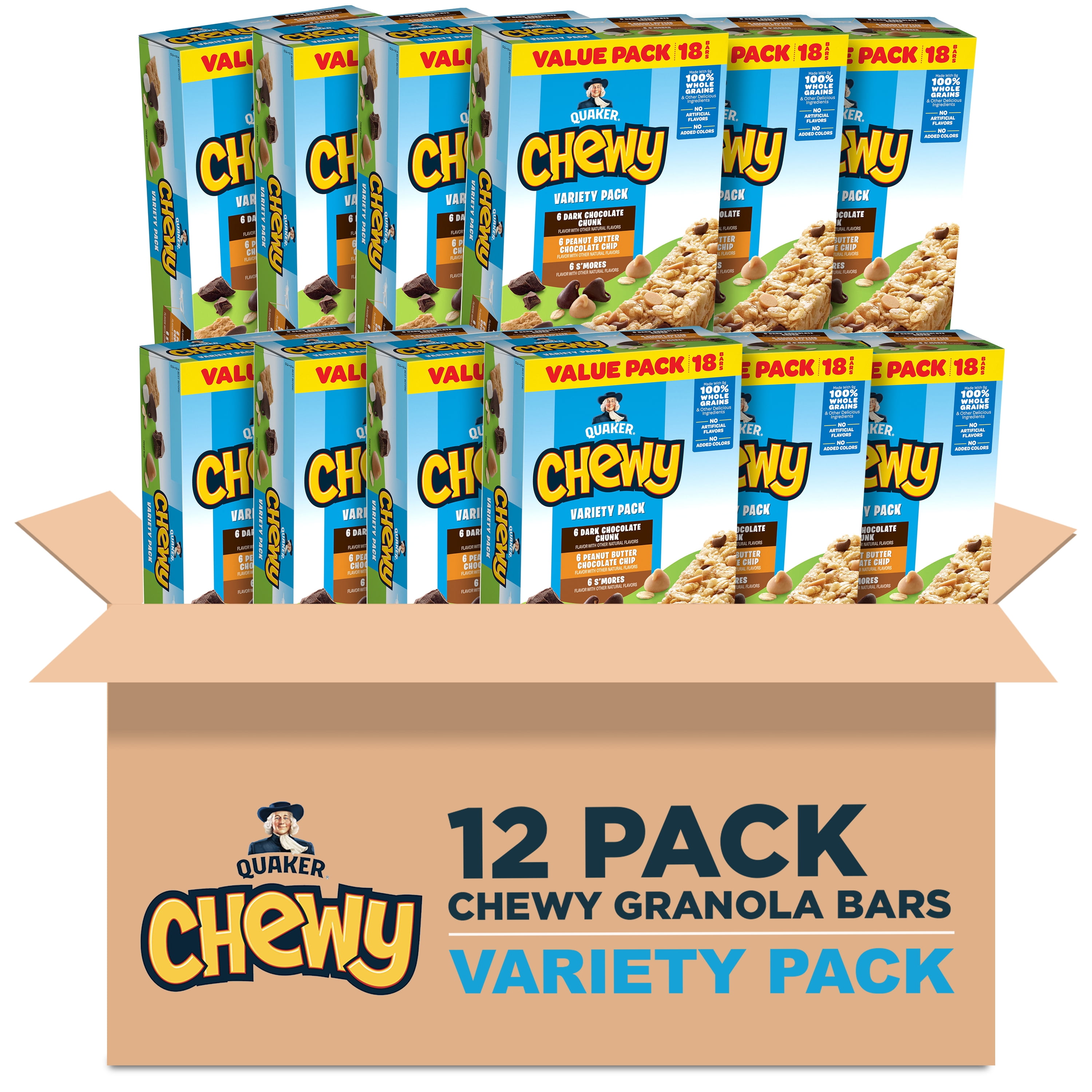 (12 pack) Quaker Chewy Granola Bars, Variety Pack, 15.2 oz, 18 Count