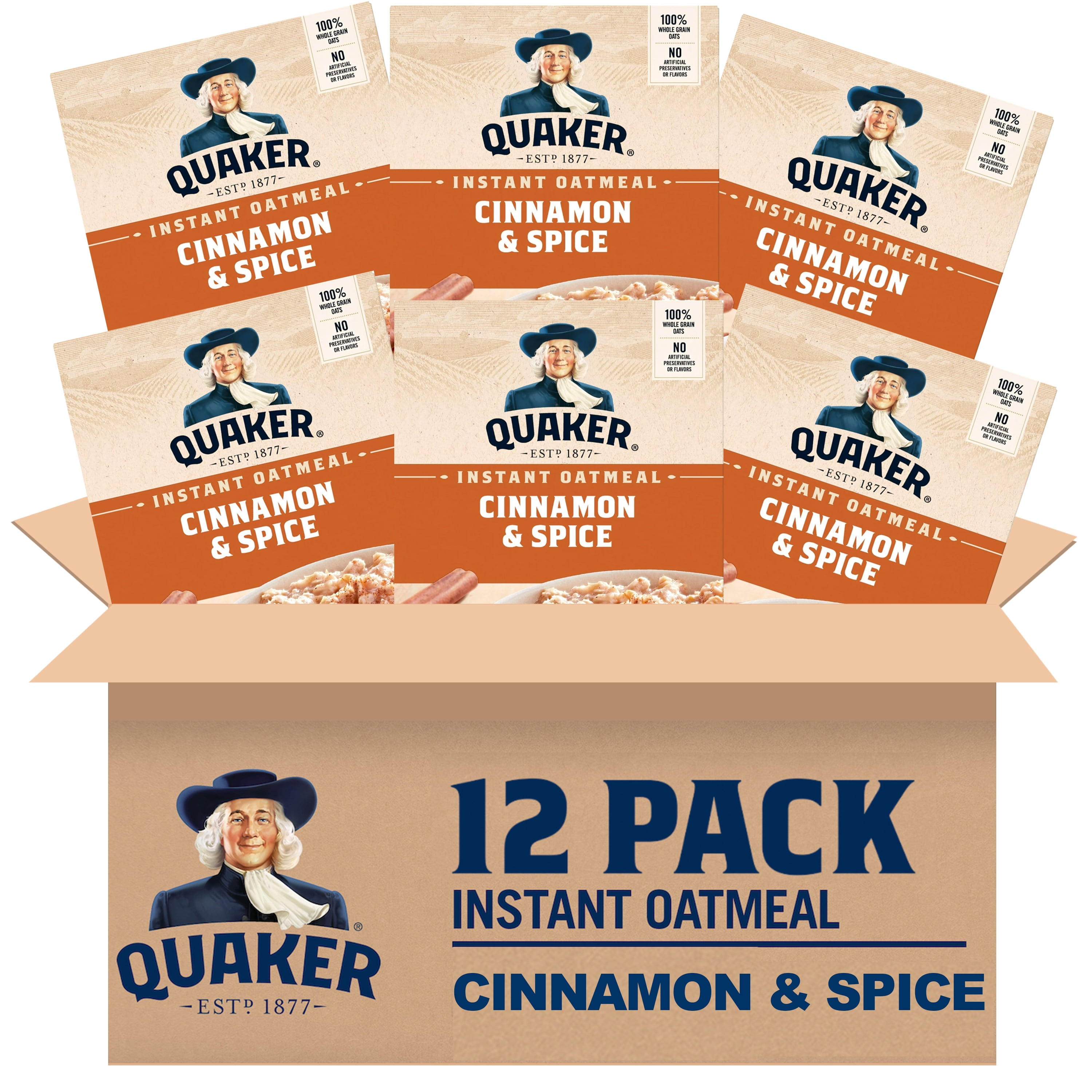 (12 pack) Quaker Cinnamon Spice flavored Instant Oatmeal, 12.1 oz Box