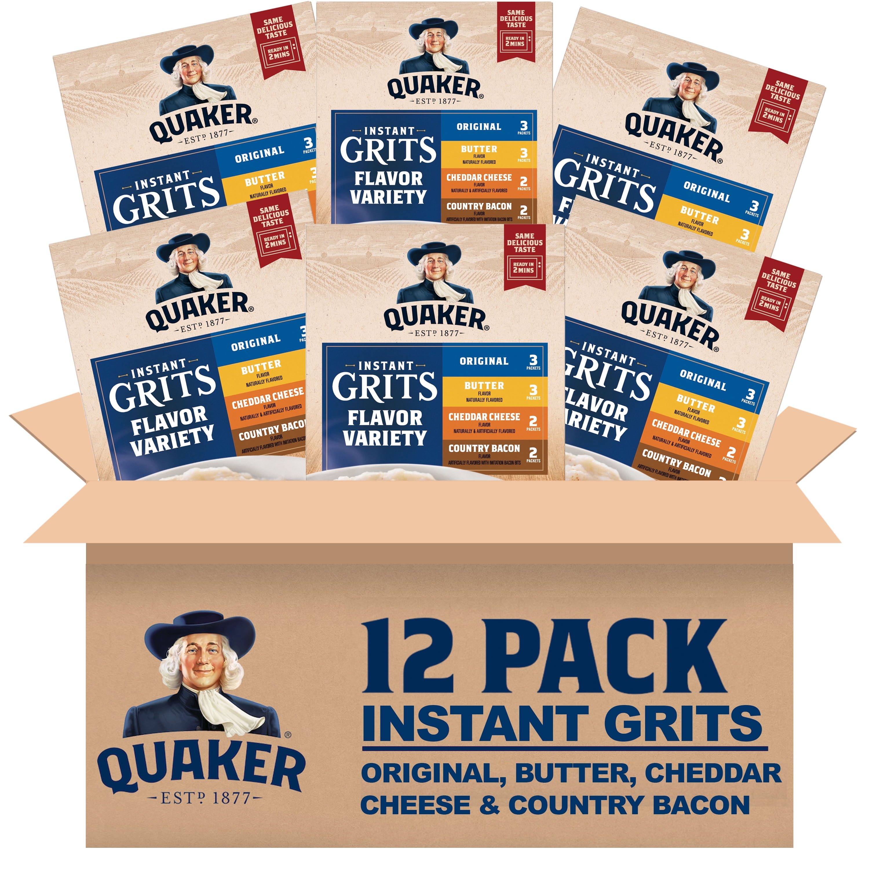 (12 pack) Quaker, Instant Grits, Variety Box, Shelf Stable 9.8 oz