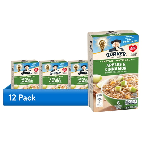 (12 pack) Quaker Instant Oatmeal, Apple & Cinnamon, 12.1 oz, 8 Packets