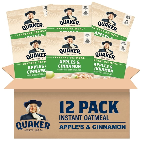 (12 pack) Quaker Instant Oatmeal, Apple & Cinnamon, 12.1 oz, 8 Packets