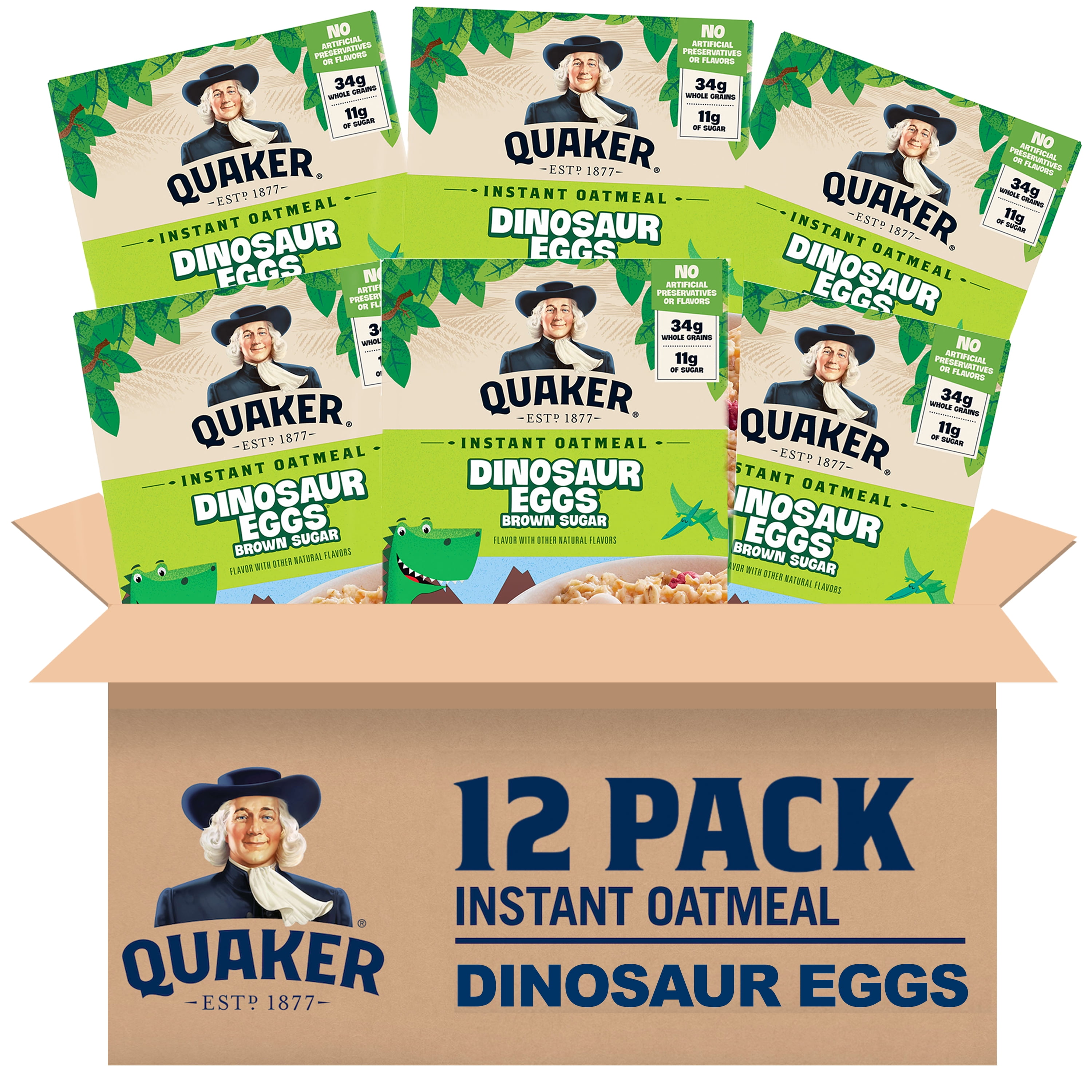 (12 pack) Quaker Instant Oatmeal, Dinosaur Eggs & Brown Sugar, 1.76 oz, 8 Packets