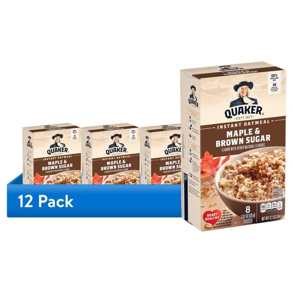 (12 pack) Quaker Instant Oatmeal, Maple Brown Sugar, 12.1 oz, 8 Packets