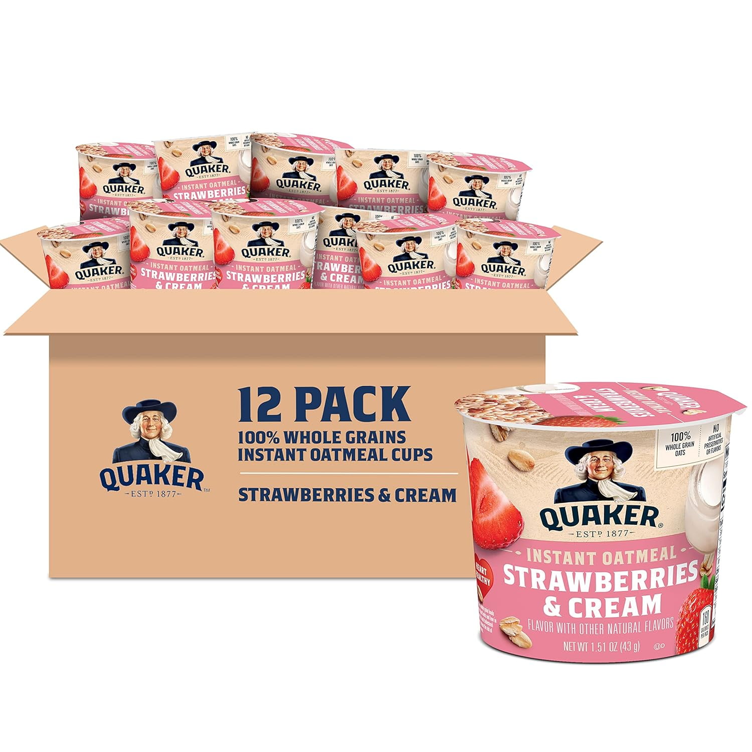 (12 pack) Quaker Instant Oatmeal, Strawberries & Cream, 1.51 oz Cup