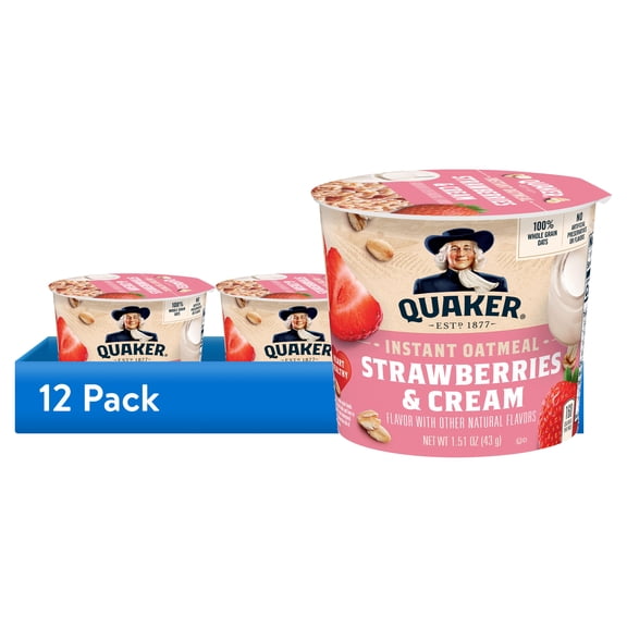 (12 pack) Quaker Instant Oatmeal, Strawberries & Cream, 1.51 oz Cup
