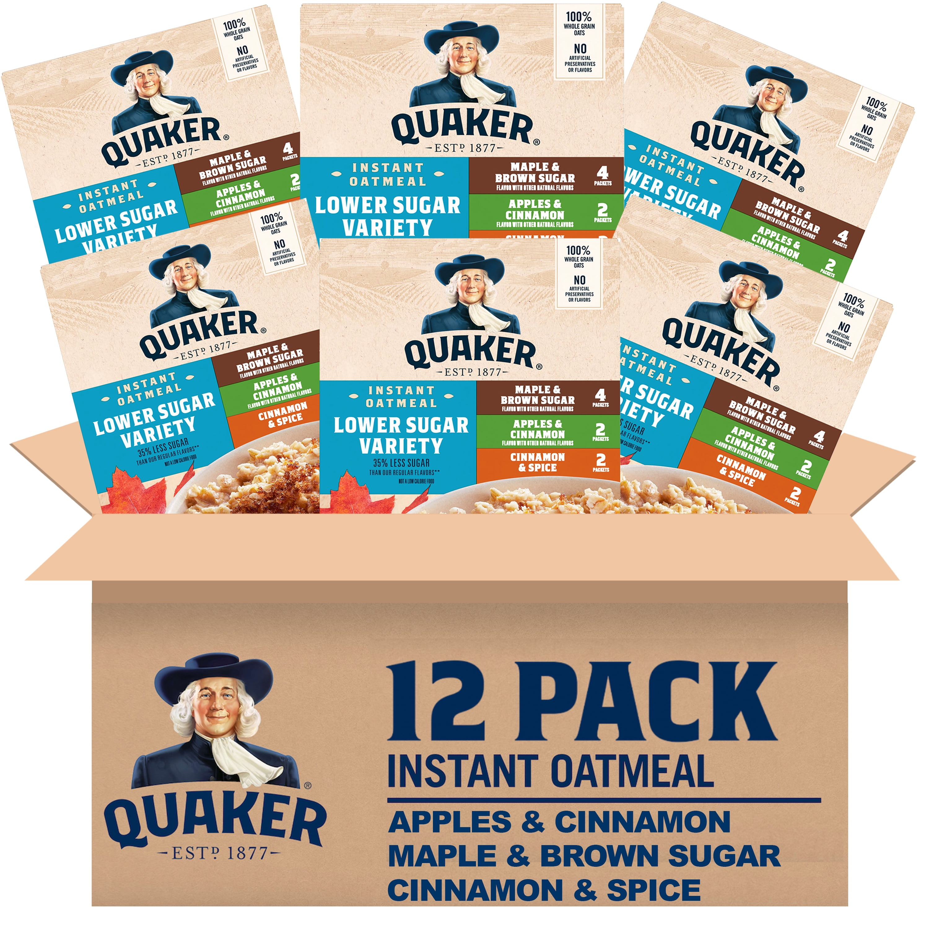 (12 pack) Quaker Lower Sugar Instant Oatmeal Variety Pack 9.3 oz, 8 Count