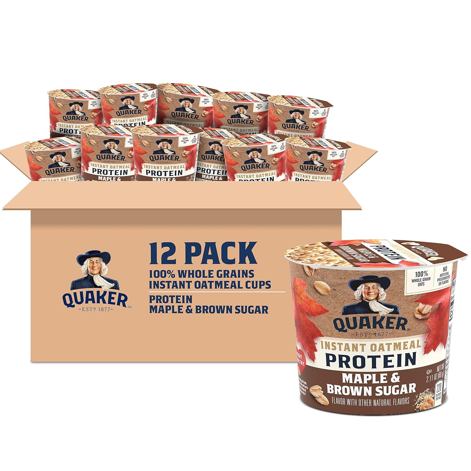 (12 pack) Quaker Protein Maple & Brown Sugar Flavored Protein Instant Oatmeal 2.11 oz Cup