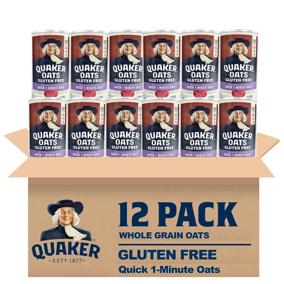 (12 pack) Quaker Quick 1-Minute Oats, Gluten Free, 18 oz Canister
