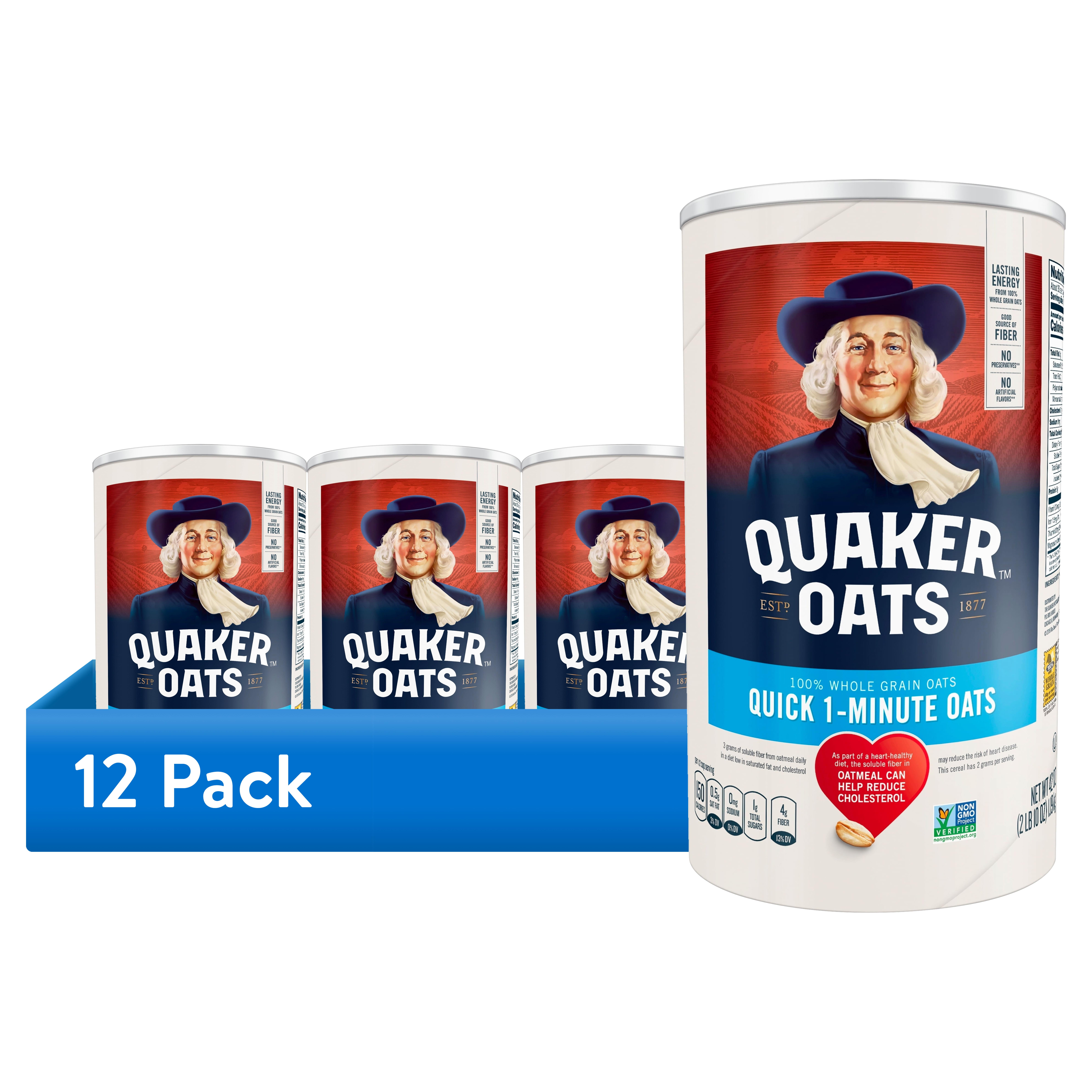 (12 pack) Quaker, Quick 1 Minute Oats, Oatmeal, Quick Cook Oatmeal, 42 oz Canister