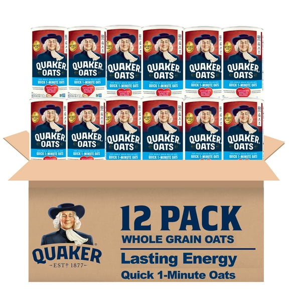 (12 pack) Quaker, Quick 1 Minute Oats, Oatmeal, Quick Cook Oatmeal, 42 oz Canister Dry Oats