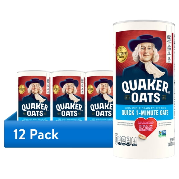 (12 pack) Quaker, Quick 1 Minute Oats, Oatmeal, Quick Cook Oatmeal, 42 oz Canister Dry Oats