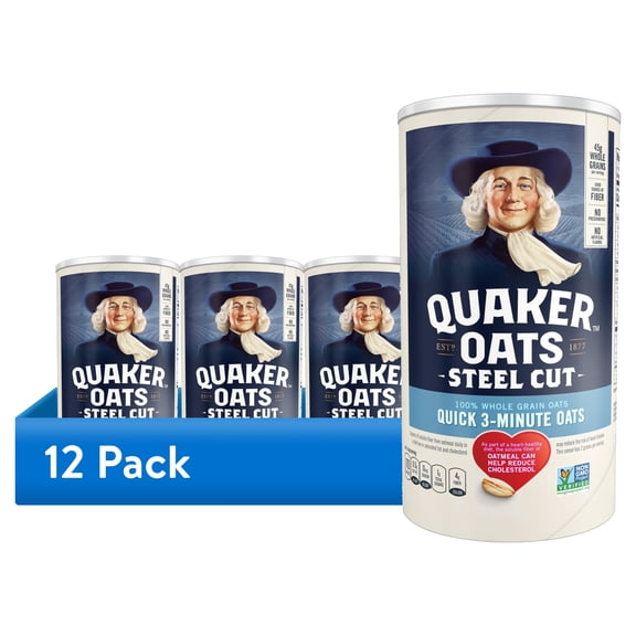 (12 pack) Quaker, Steel Cut Quick 3-Minute Oats, Microwave or Cook on Stovetop, Oatmeal, 25 oz Canister