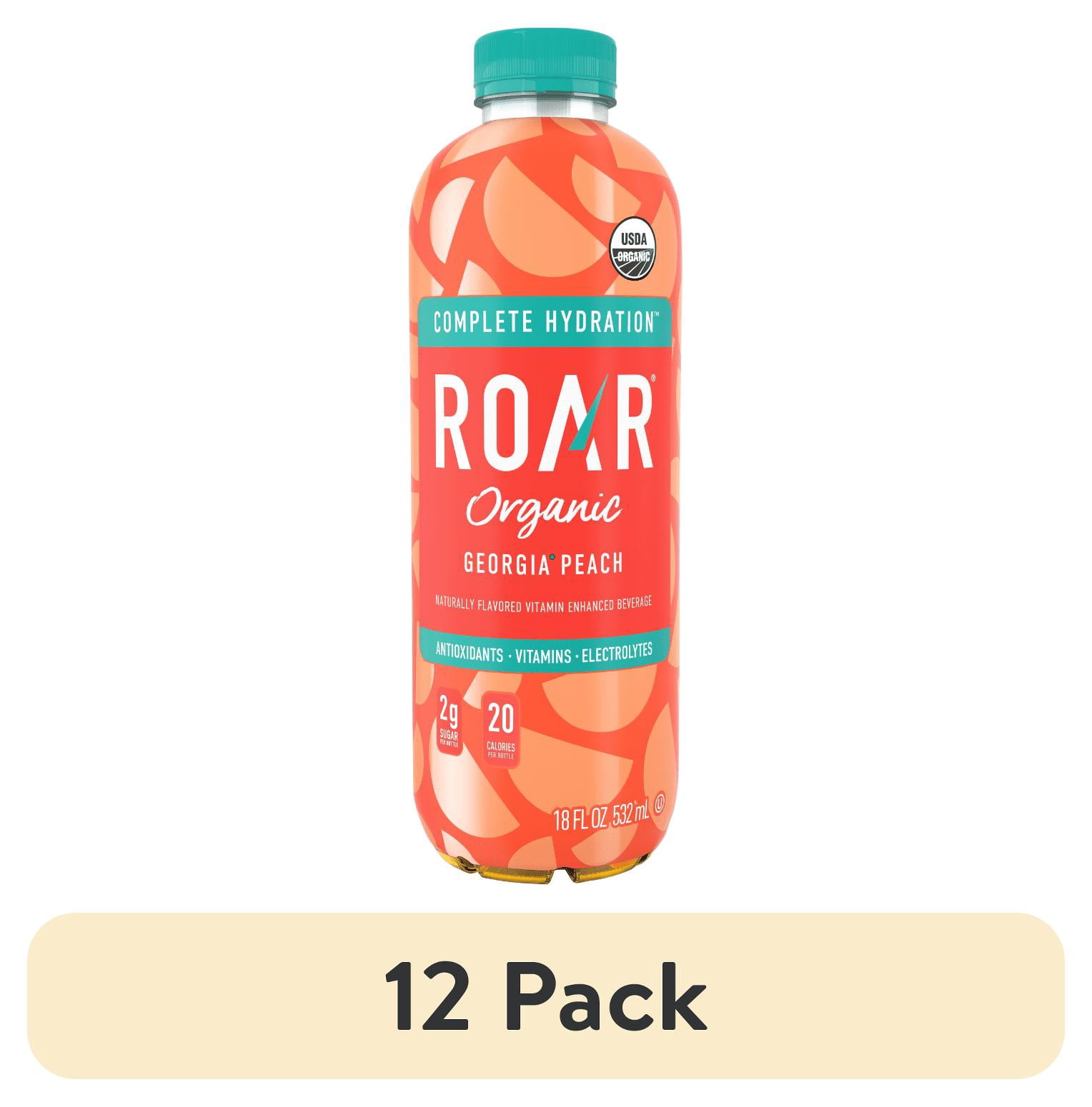 (12 pack) Roar Organic Beverage Georgia Peach with Antioxidants, B Vitamins, Low-Calorie, Low-Sugar, Low-Carb, 18 fl  oz Bottle