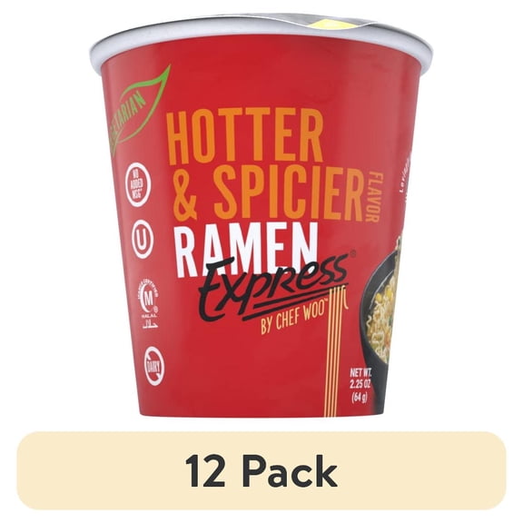 (12 pack) Ramen Express Hotter & Spicier Ramen Noodles, Vegan, Halal, Kosher, 2.25 oz Cup