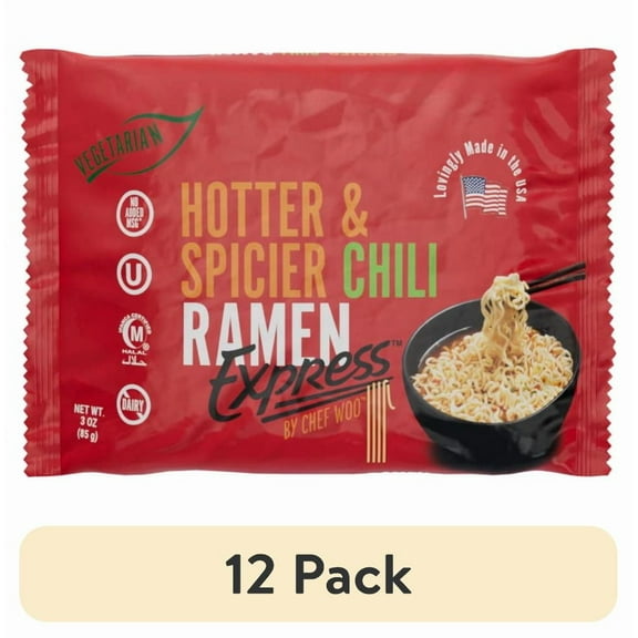 (12 pack) Ramen Express Hotter and Spicier Chili Ramen Noodles, Vegan, Halal, Kosher, 3 oz Pouch