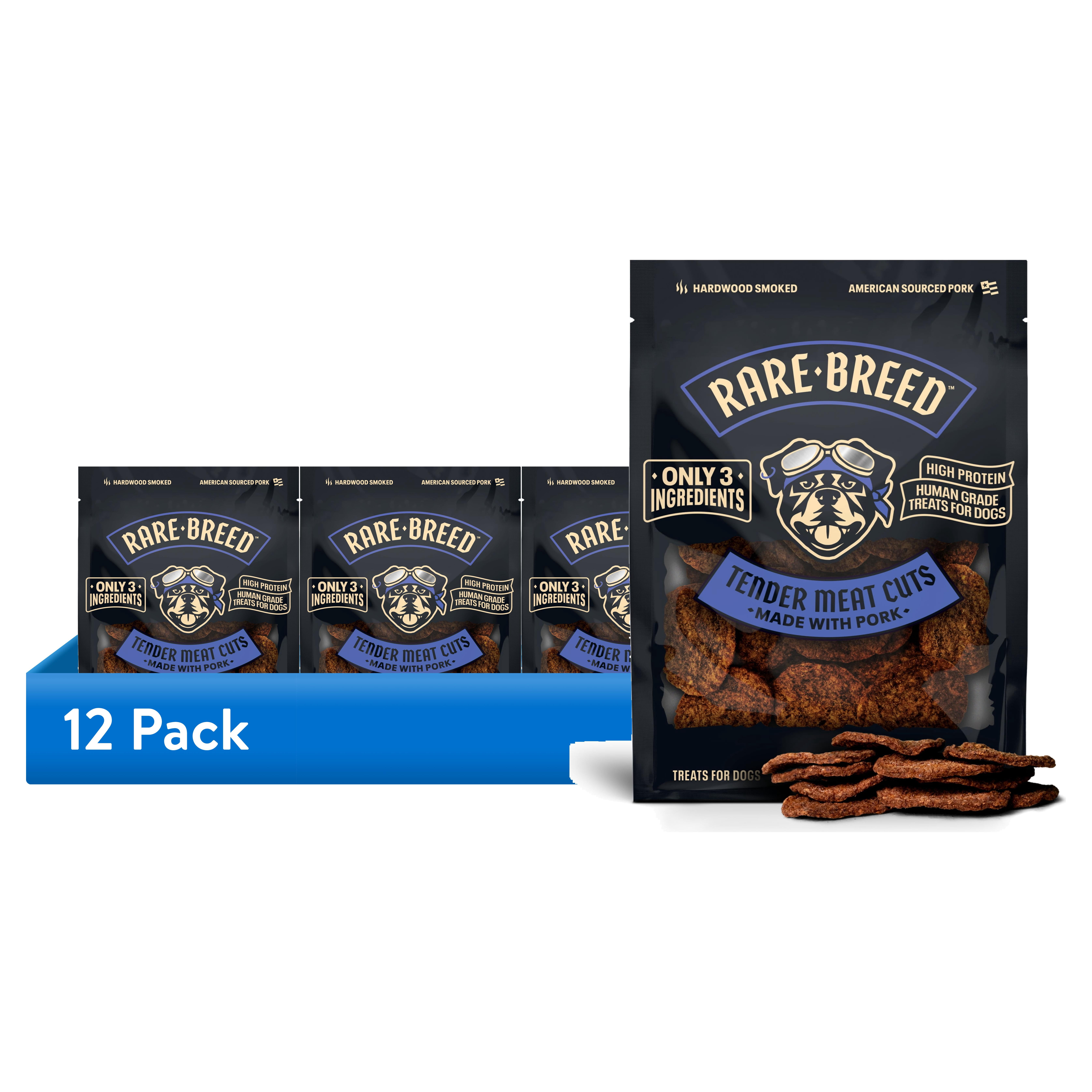 (12 pack) Rare Breed Dog Treats, Tender Meat Cuts Made with Pork, 3 Ingredients, Human Grade, 1 Ounce To-Go Packs, for Dog Sizes