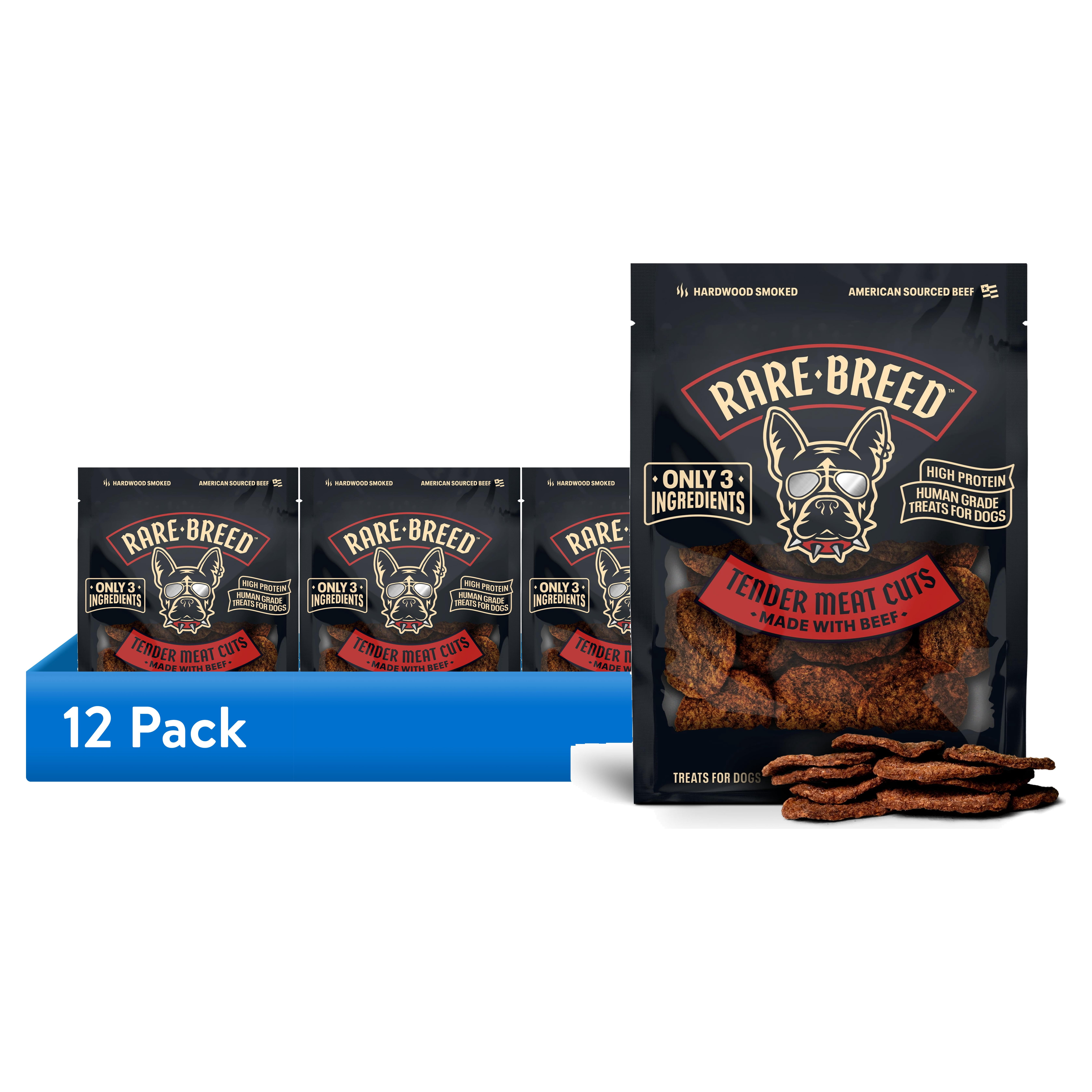(12 pack) Rare Breed Dog Treats, Tender Meat Cuts Made w Beef, 3 Ingredients, Human Grade, 1 Ounce To-Go Packs, for All Size Dogs
