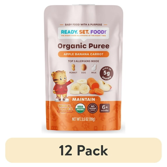 (12 pack) Ready, Set, Food! Daniel Tiger Stage 2 Baby Food, Apple Banana Carrot, 3 Top Allergens, 3.5 oz Pouch