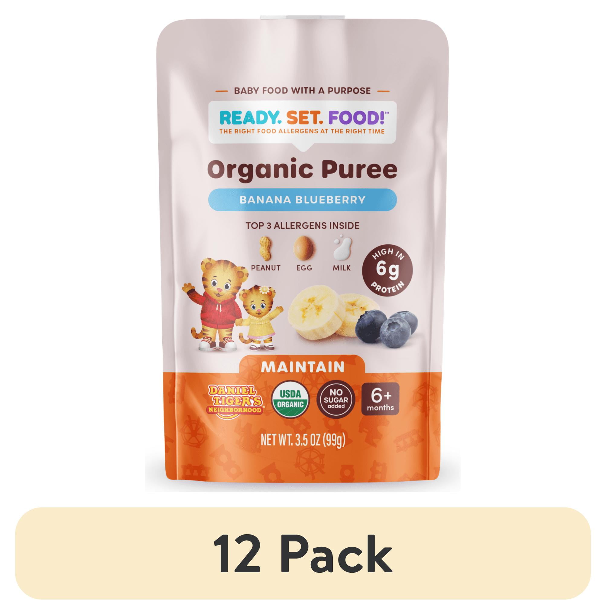 (12 pack) Ready, Set, Food! Daniel Tiger Stage 2 Baby Food, Banana Blueberry, Top Allergens, 3.5 oz Pouch