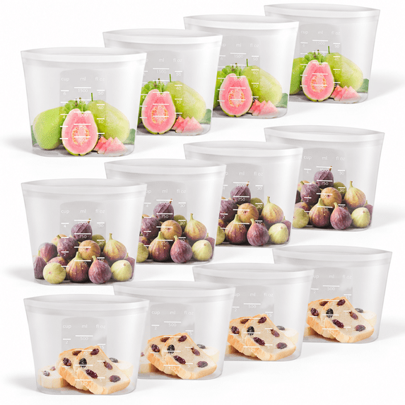 12-pack Reusable Silicone Food Storage Bags, Clear Stand-up Zip-lock ...