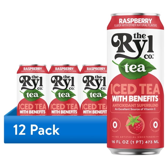 (12 pack) Ryl Iced Tea Raspberry, Zero Sugar Black Tea, Antioxidant Superblend, 16 fl oz Ready-to-Drink Can, No Artificial Sweeteners