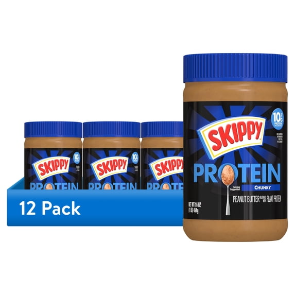 (12 pack) SKIPPY Chunky Peanut Butter Blended with Plant Protein, Shelf Stable, 16 oz Plastic Jar