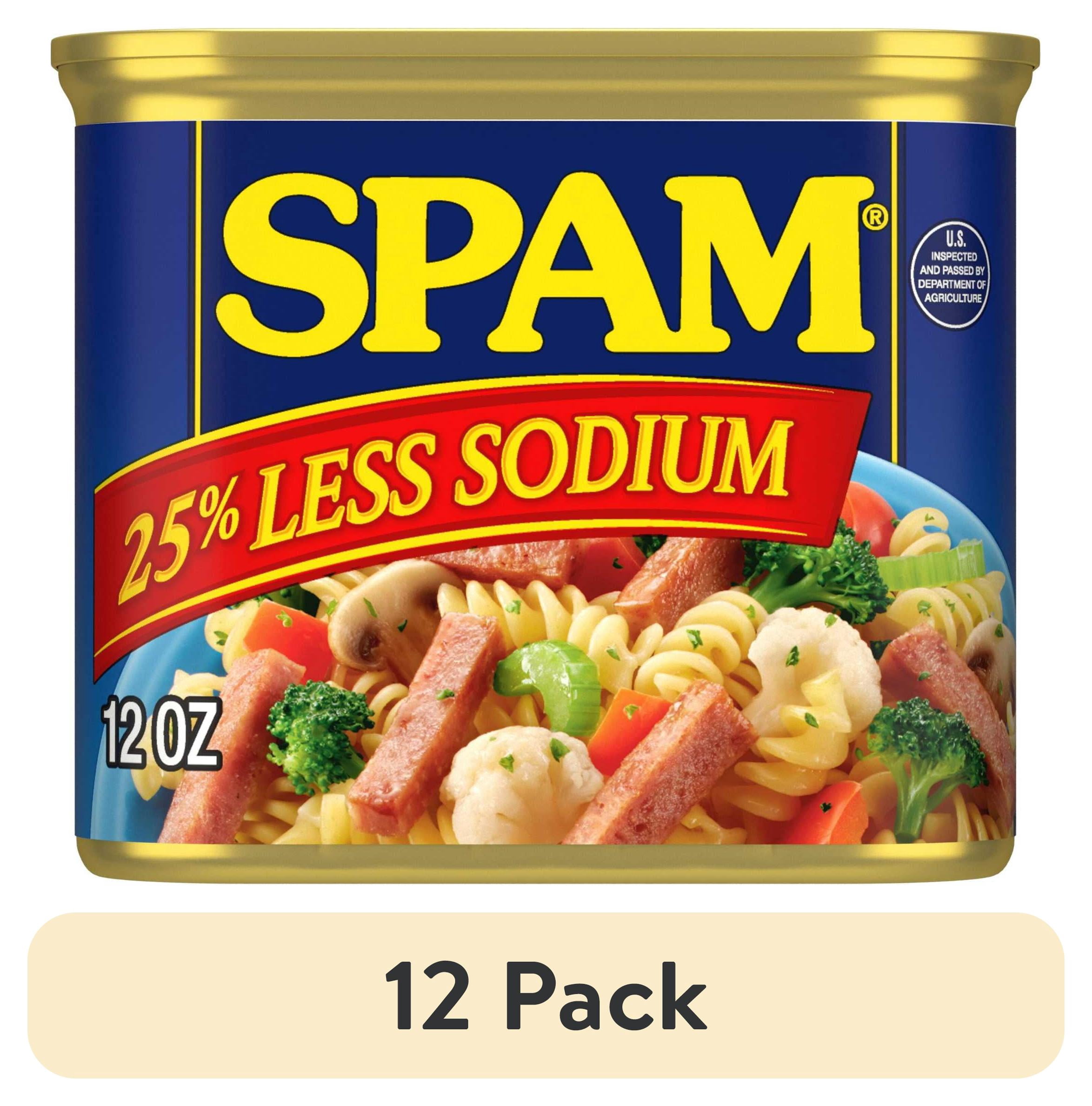 (12 pack) SPAM 25% Less Sodium, Canned Meats, 7 g Protein, Shelf-Stable, 12 oz Aluminum Can