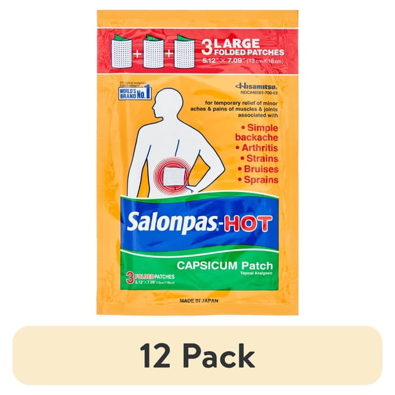 (12 pack) Salonpas Hot Large Unscented Pain Relief Patch with Capsicum, 3 Count, For Muscle Soreness & Joint Pain