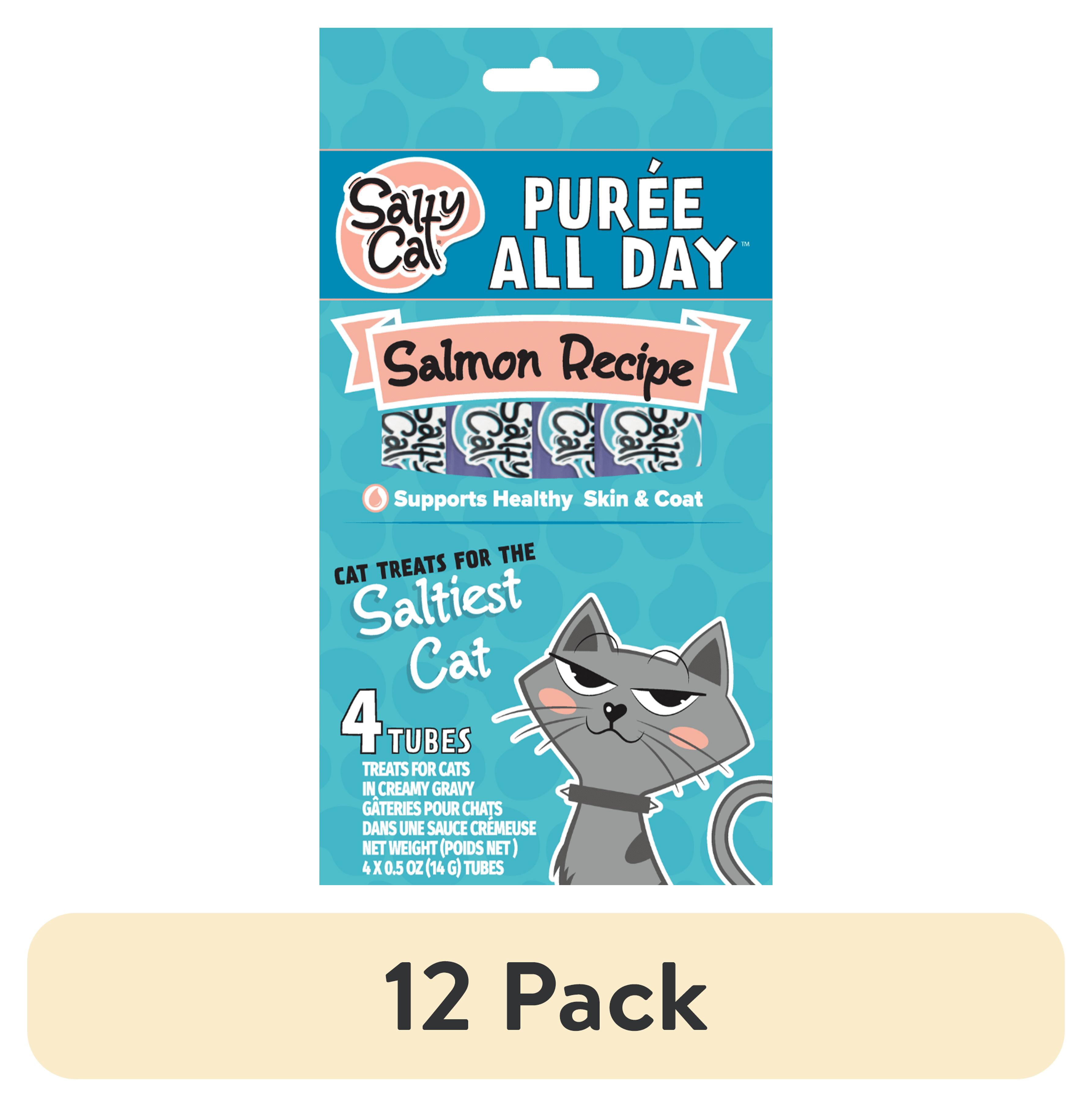 (12 pack) Salty Cat Purée All Day Salmon Flavor Creamy Soft Treats for Cats,  14g Tube (4 Pack)
