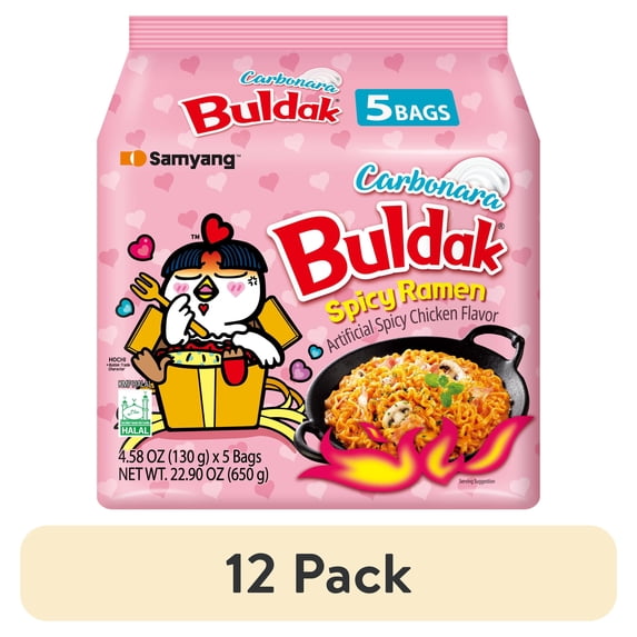 (12 pack) Samyang Spicy Chicken Noodle Carbonara Flavor Ramen, 4.58 oz, 5 Pack