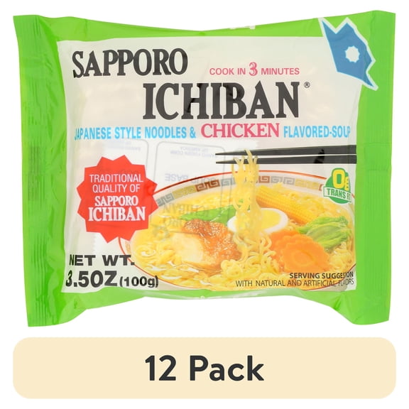 (12 pack) Sapporo Ichiban Japanese Style Ramen Noodles in Chicken Broth, 3.5 oz Bag, Contains Wheat and Soy