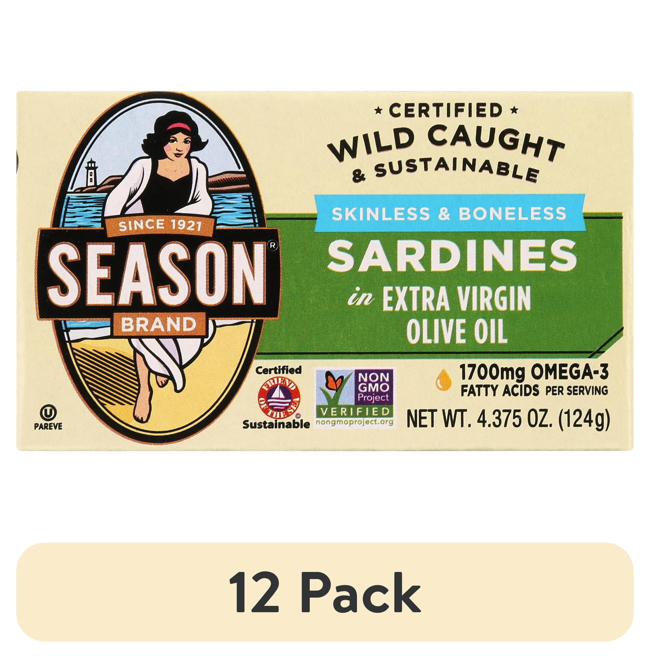 (12 pack) Season Brand Sardines, Skinless & Boneless, in Extra Virgin Olive Oil, 4.375 oz