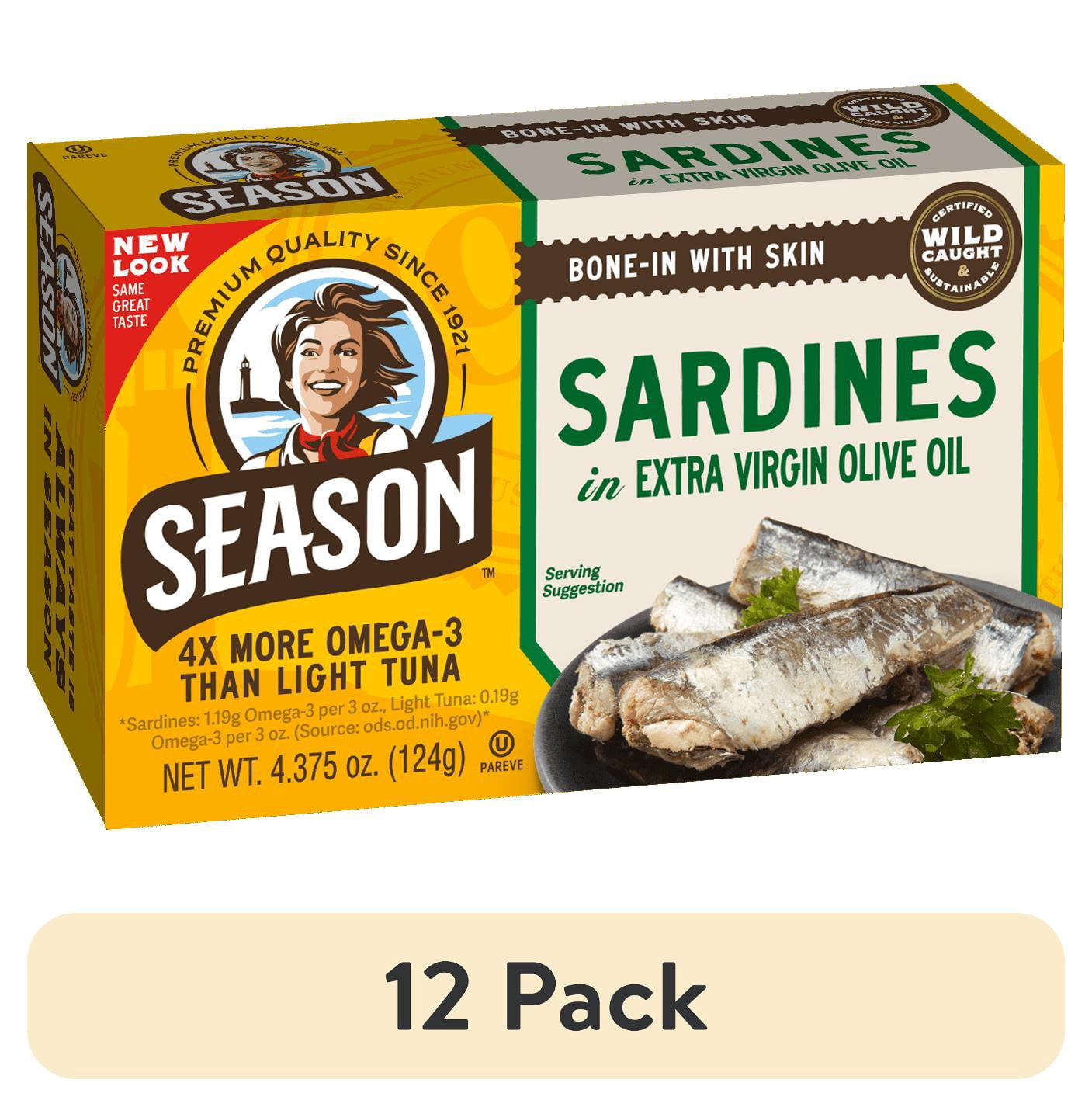 (12 pack) Season Brand Sardines, in Extra Virgin Olive Oil, 4.375 Oz