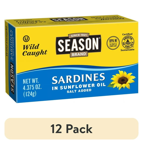 (12 pack) Season Sardines in Sunflower Oil, Salt Added, 4.375 oz Can
