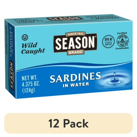 (12 pack) Season Sardines in Water, Salt Added, 4.375 oz Can
