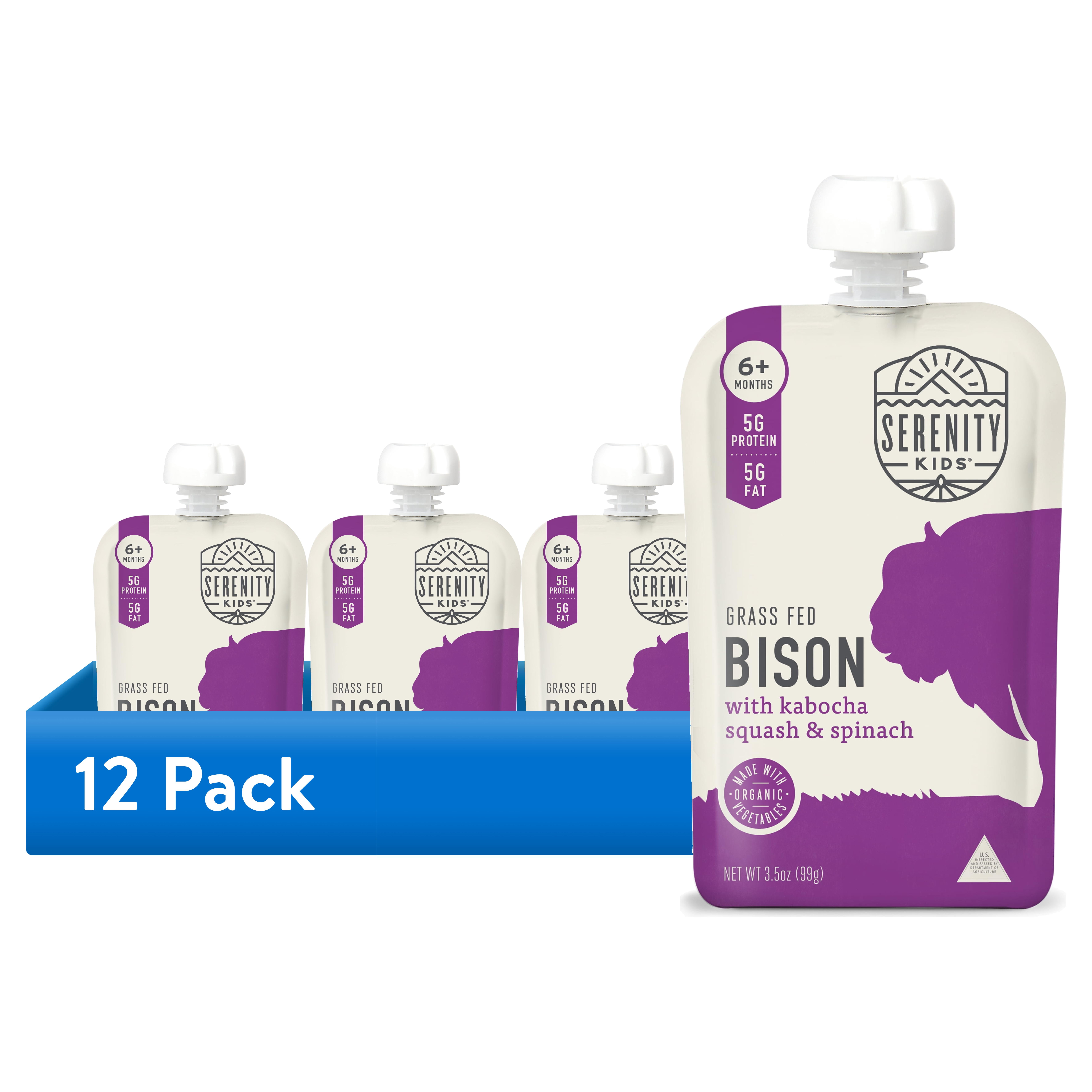(12 pack) Serenity Kids Bison Stage 2 Baby Food with Kabocha Squash and Spinach, 3.5 oz Pouch