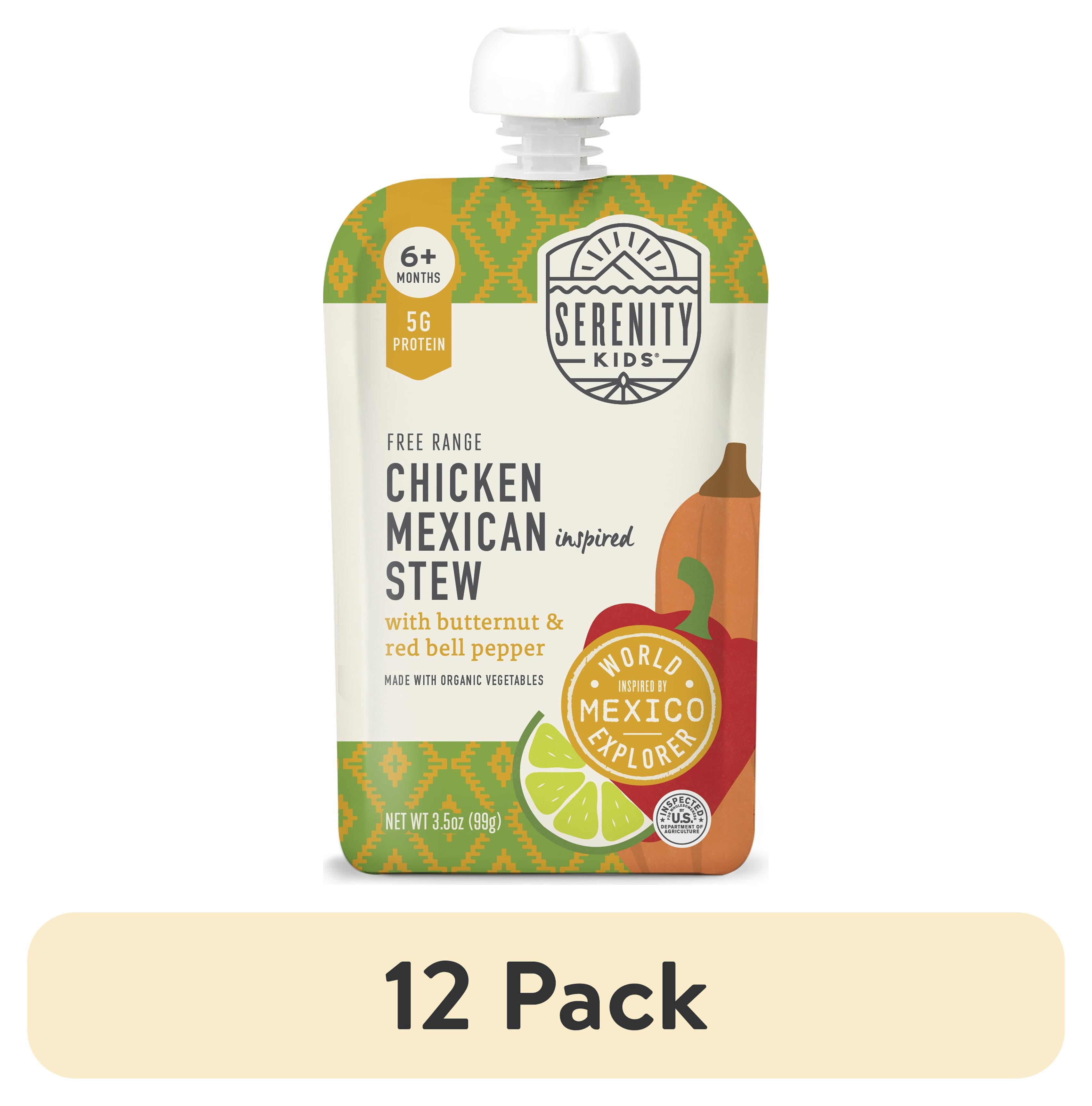 (12 pack) Serenity Kids Free Range Chicken Mexican Inspired Stew Stage 2 Baby Food, Organic Veggies & Spices, 3.5oz Pouch