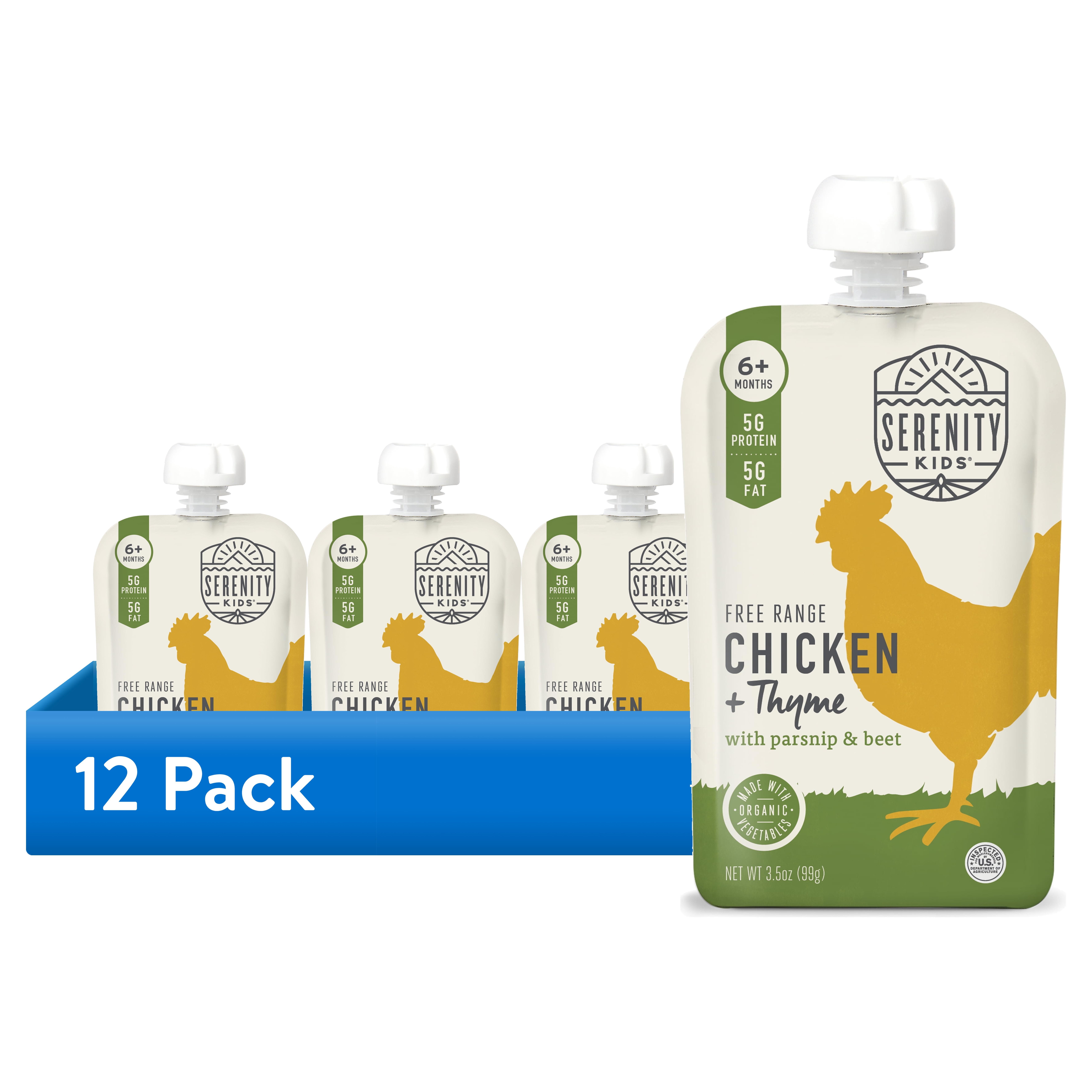 (12 pack) Serenity Kids Free Range Chicken & Thyme Stage 2 Baby Food Organic Parsnip and Beet, 3.5oz Pouch