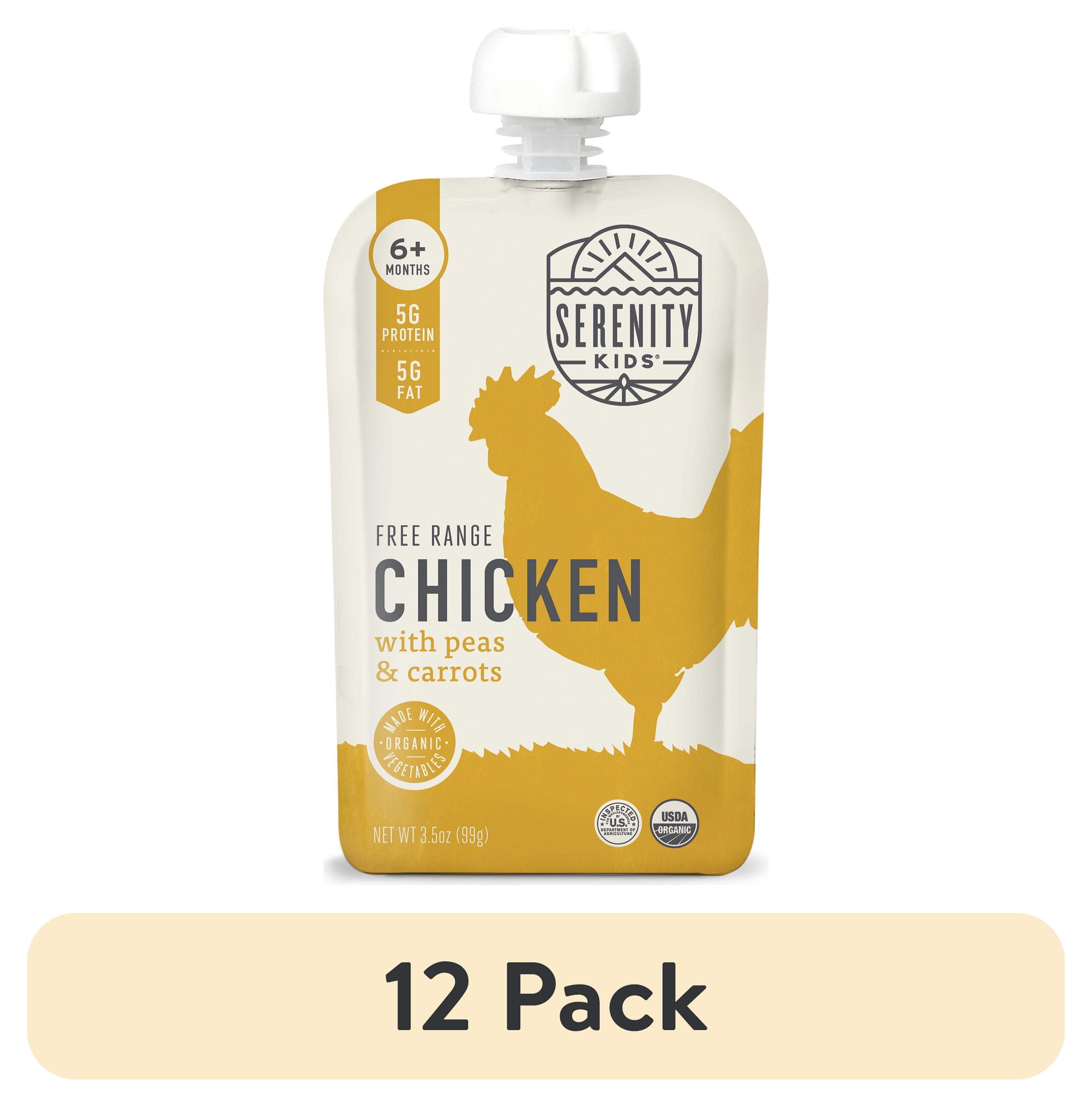(12 pack) Serenity Kids Stage 2 Organic Free Range Chicken Baby Food with Peas & Carrots, 3.5oz Pouch