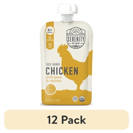 (12 pack) Serenity Kids Stage 2 Organic Free Range Chicken Baby Food with Peas & Carrots, 3.5oz Pouch
