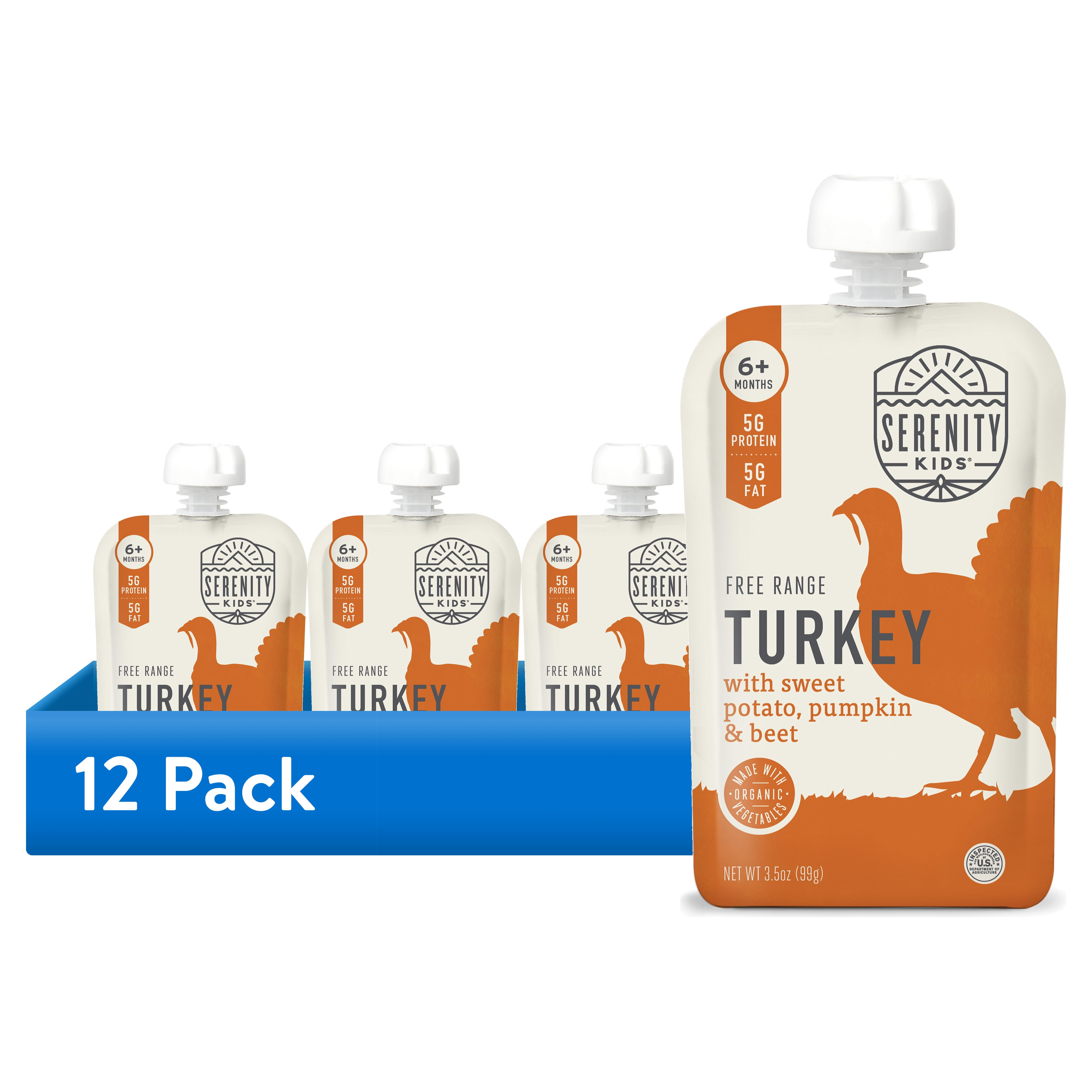 (12 pack) Serenity Kids Free Range Turkey Stage 2 Baby Food Organic Sweet Potato Pumpkin & Beet, 3.5oz Pouch