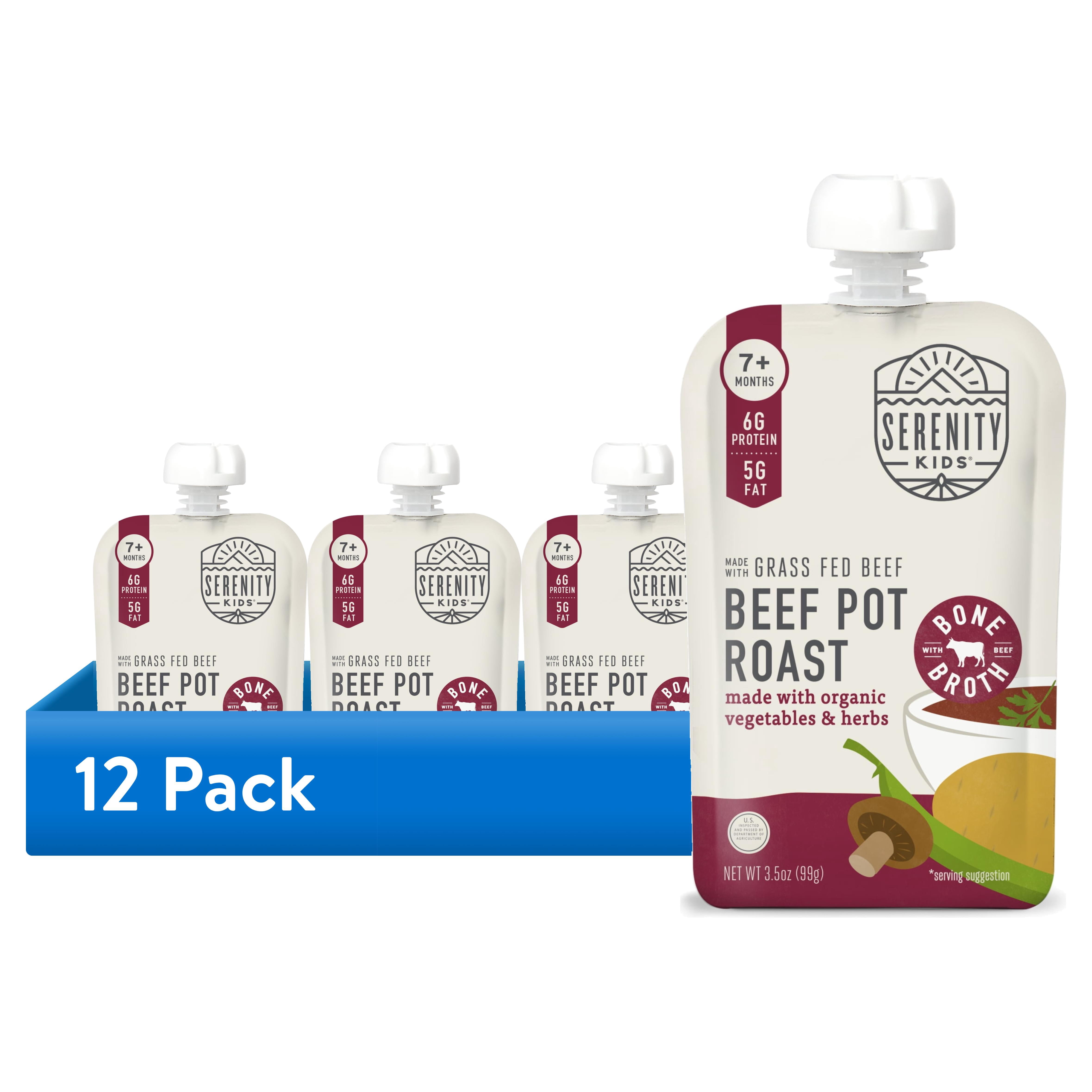(12 pack) Serenity Kids Grass Fed Beef Pot Roast Stage 2 Baby Food Organic Veggies Herbs & Bone Broth, 3.5oz Pouch