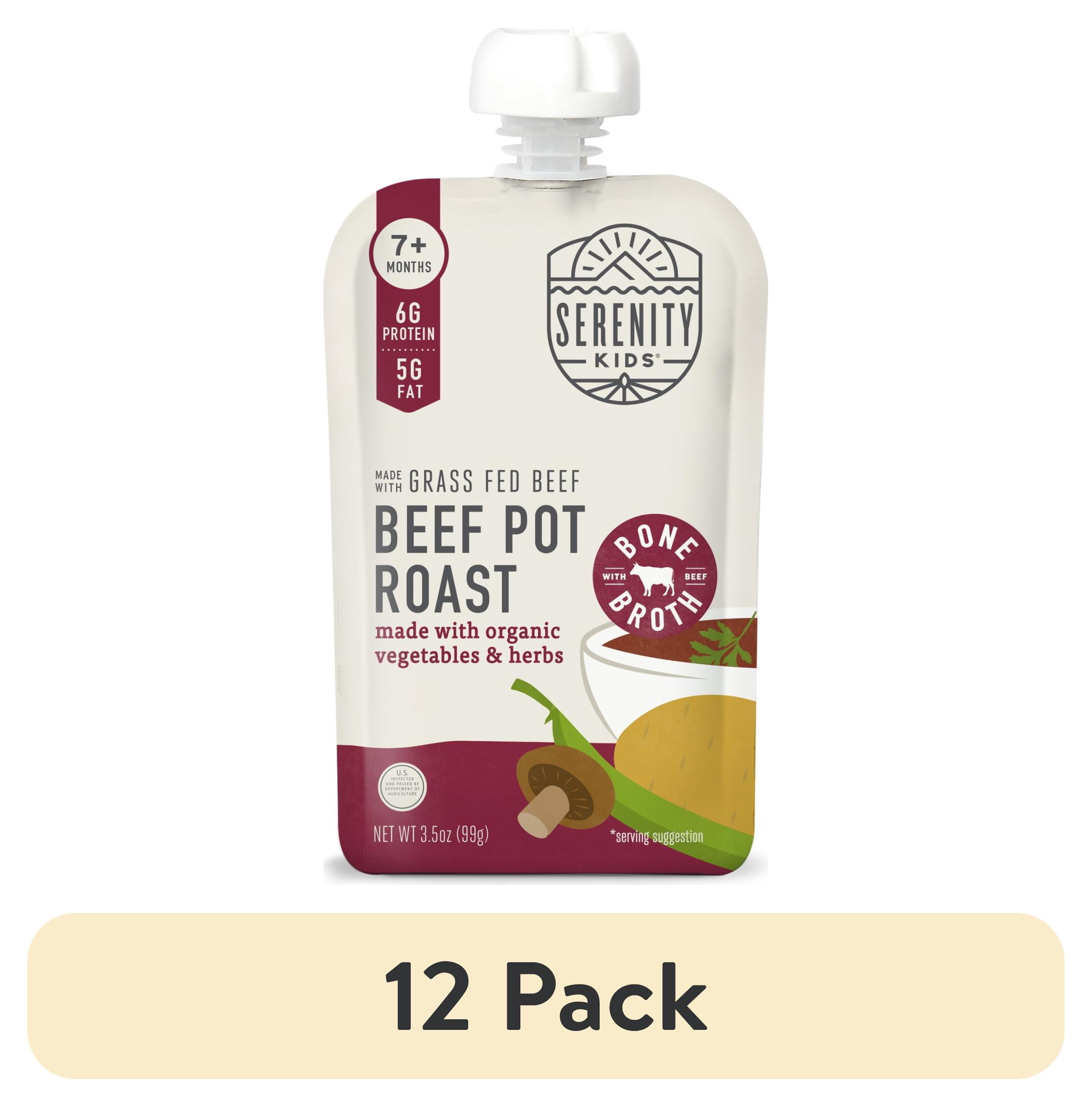 (12 pack) Serenity Kids Grass Fed Beef Pot Roast Stage 2 Baby Food Organic Veggies Herbs & Bone Broth, 3.5oz Pouch