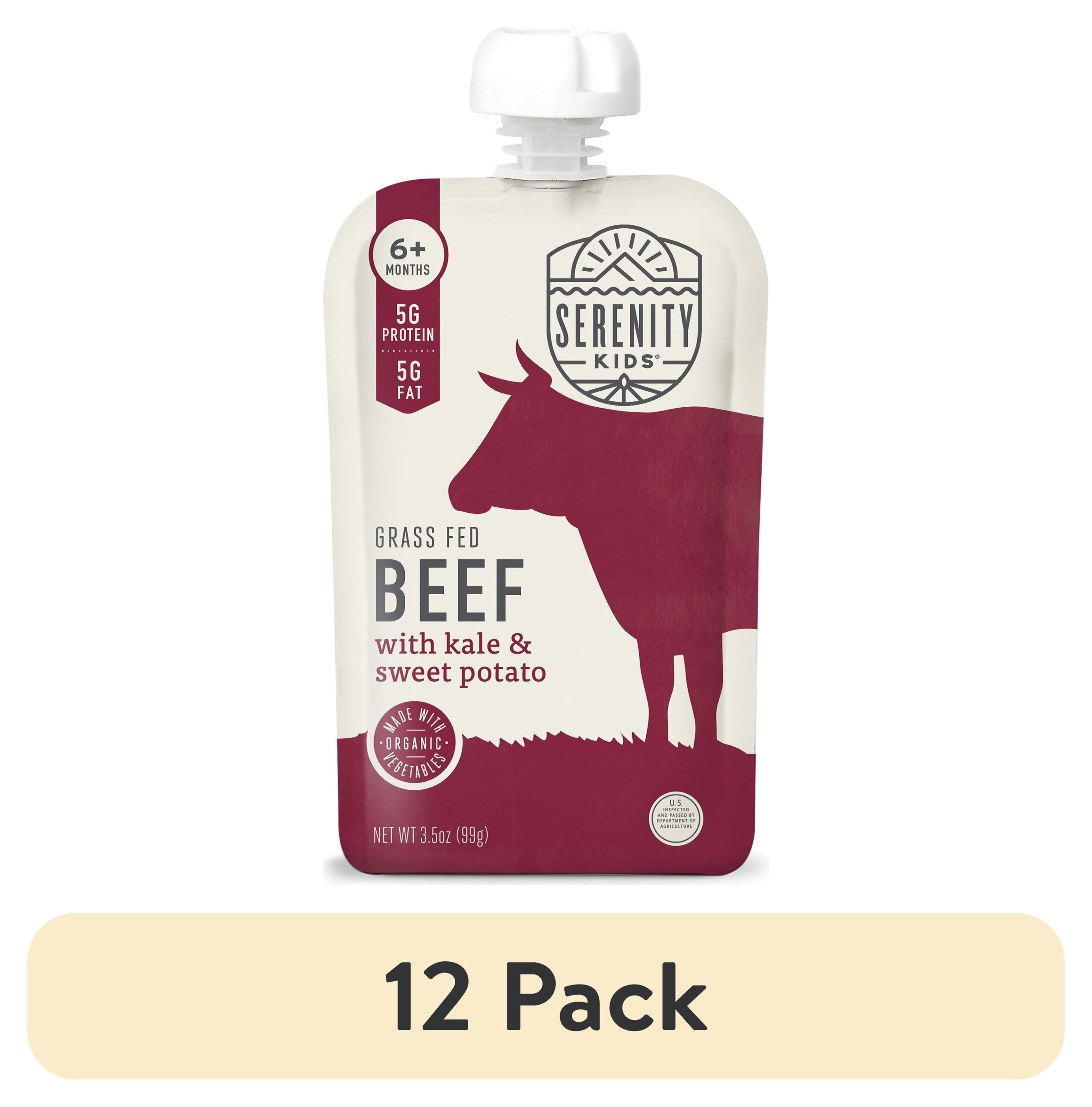 (12 pack) Serenity Kids Organic Grass Fed Beef, Kale & Sweet Potato Stage 2 Baby Food, 3.5 oz