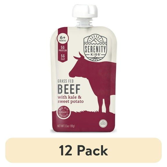 (12 pack) Serenity Kids Grass Fed Beef Stage 2 Baby Food Organic Kale & Sweet Potato 3.5oz Pouch