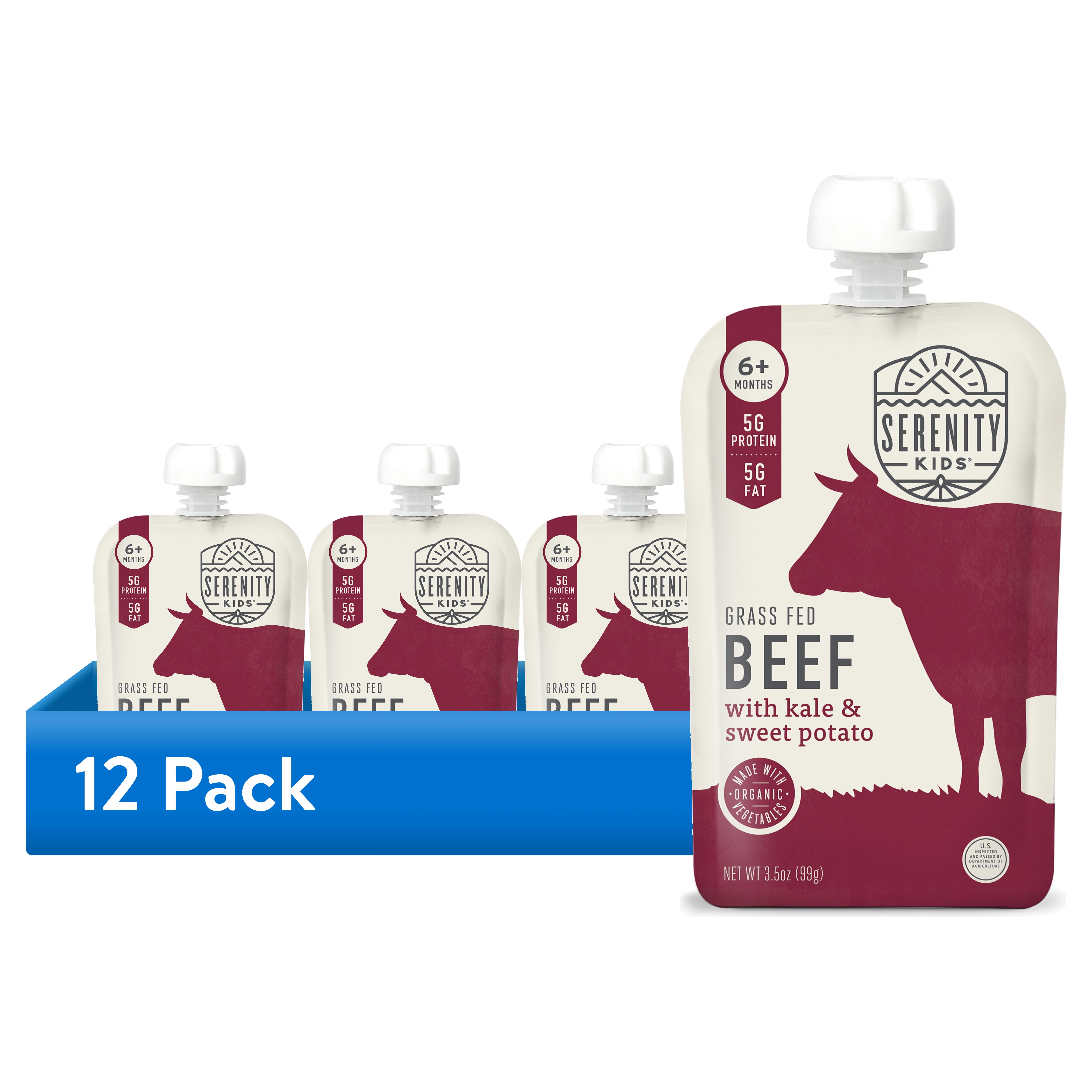 (12 pack) Serenity Kids Organic Grass Fed Beef, Kale & Sweet Potato Stage 2 Baby Food, 3.5 oz