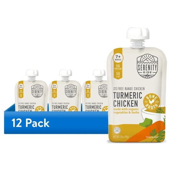 (12 pack) Serenity Kids Turmeric Chicken Stage 2 Baby Food Organic Veggies, Herbs & Bone Broth, 3.5oz Pouch