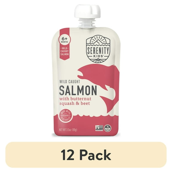 (12 pack) Serenity Kids Wild Caught Salmon Stage 2 Baby Food Organic Butternut Squash & Beet, 3.5oz Pouch