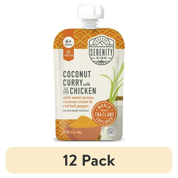 (12 pack) Serenity Kids World Explorer Coconut Curry Stage 2 Baby Food Free Range Chicken & Organic Veggies, 3.5oz Pouch