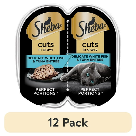 (12 pack) Sheba Wet Cat Food Cuts in Gravy Delicate White Fish & Tuna Entree, 2.6 oz Perfect Portions Twin-Pack Tray